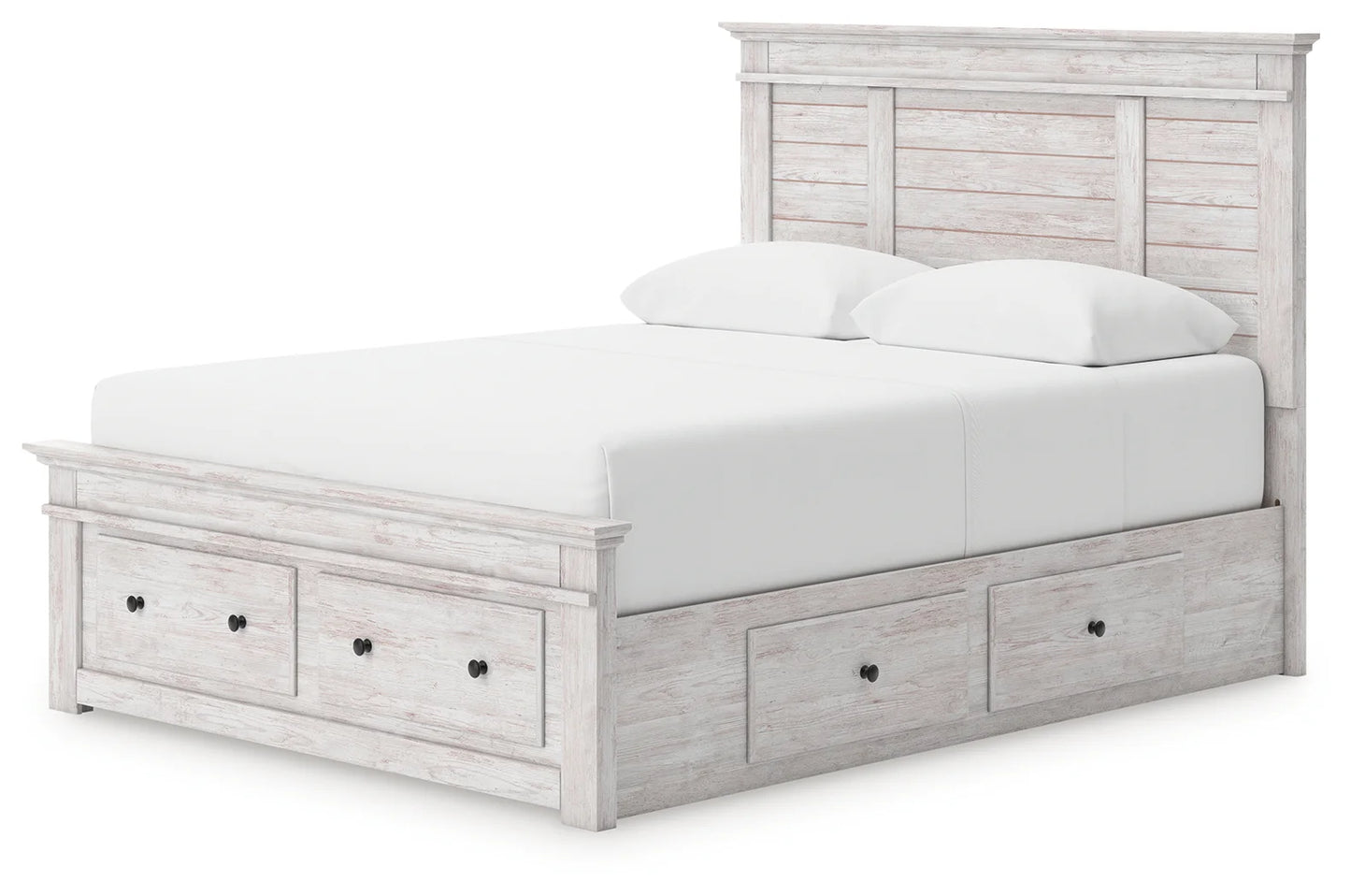 Makidern - Queen Panel Storage Bed With 2 Under Bed Storage Units And Storage Footboard - Whitewash