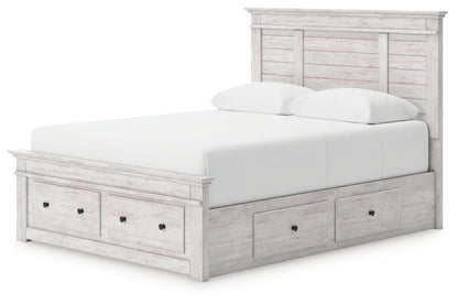 Makidern - Queen Panel Storage Bed With 2 Under Bed Storage Units And Storage Footboard - Whitewash
