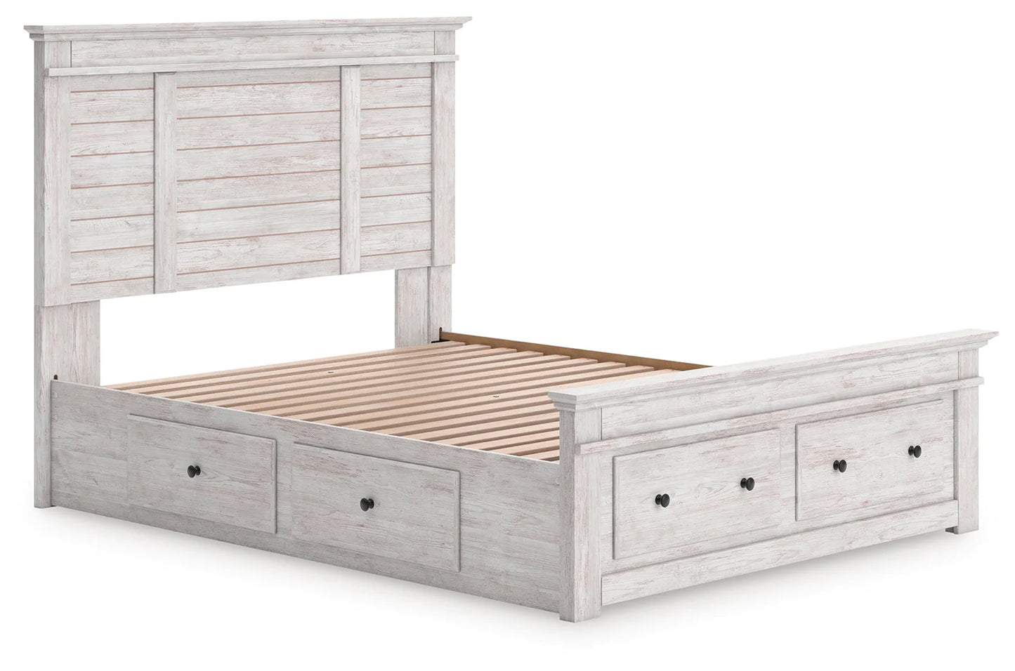 Makidern - Queen Panel Storage Bed With 2 Under Bed Storage Units And Storage Footboard - Whitewash