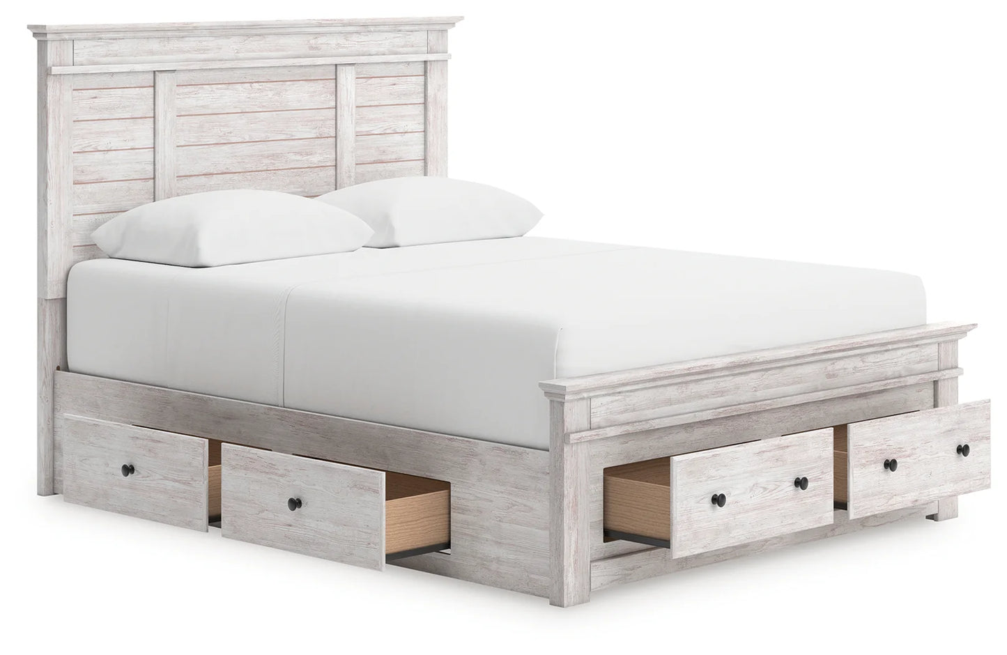 Makidern - Queen Panel Storage Bed With 2 Under Bed Storage Units And Storage Footboard - Whitewash
