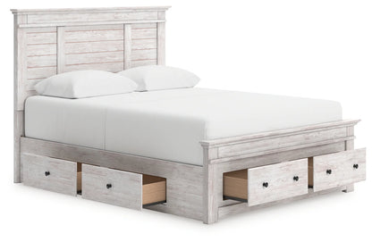 Makidern - Queen Panel Storage Bed With 2 Under Bed Storage Units And Storage Footboard - Whitewash