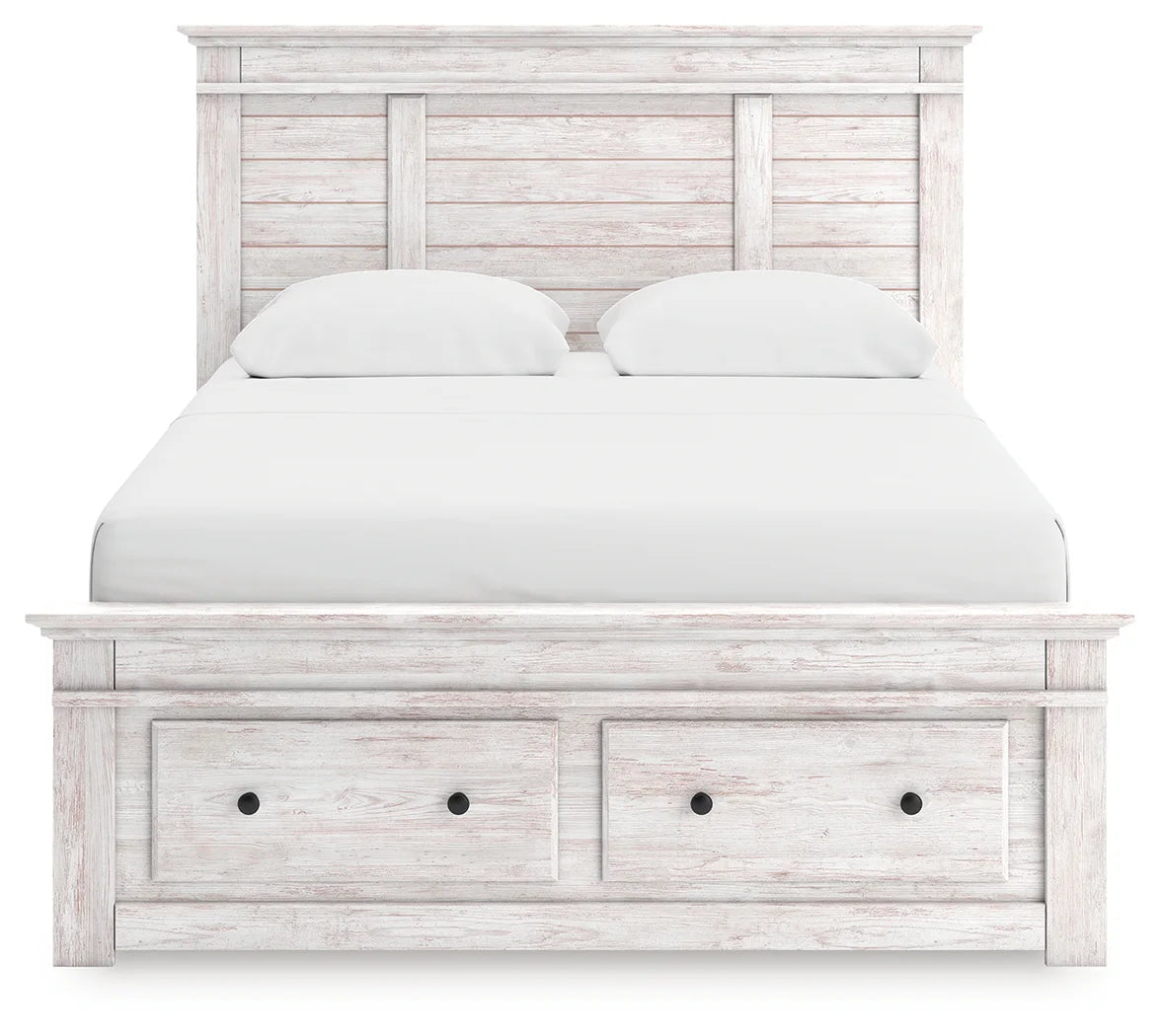 Makidern - Queen Panel Storage Bed With 2 Under Bed Storage Units And Storage Footboard - Whitewash