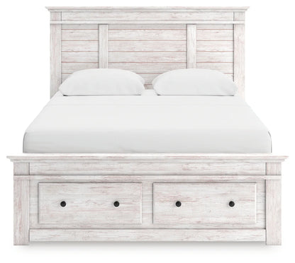 Makidern - Queen Panel Storage Bed With 2 Under Bed Storage Units And Storage Footboard - Whitewash