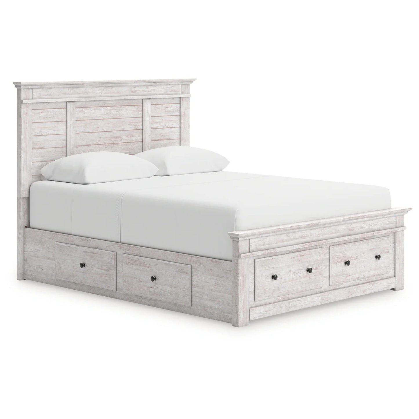 Makidern - Queen Panel Storage Bed With 2 Under Bed Storage Units And Storage Footboard - Whitewash