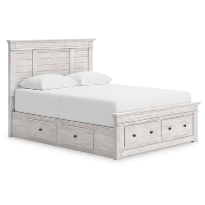 Makidern - Queen Panel Storage Bed With 2 Under Bed Storage Units And Storage Footboard - Whitewash