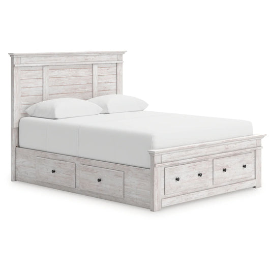 Makidern - Queen Panel Storage Bed With 2 Under Bed Storage Units And Storage Footboard - Whitewash