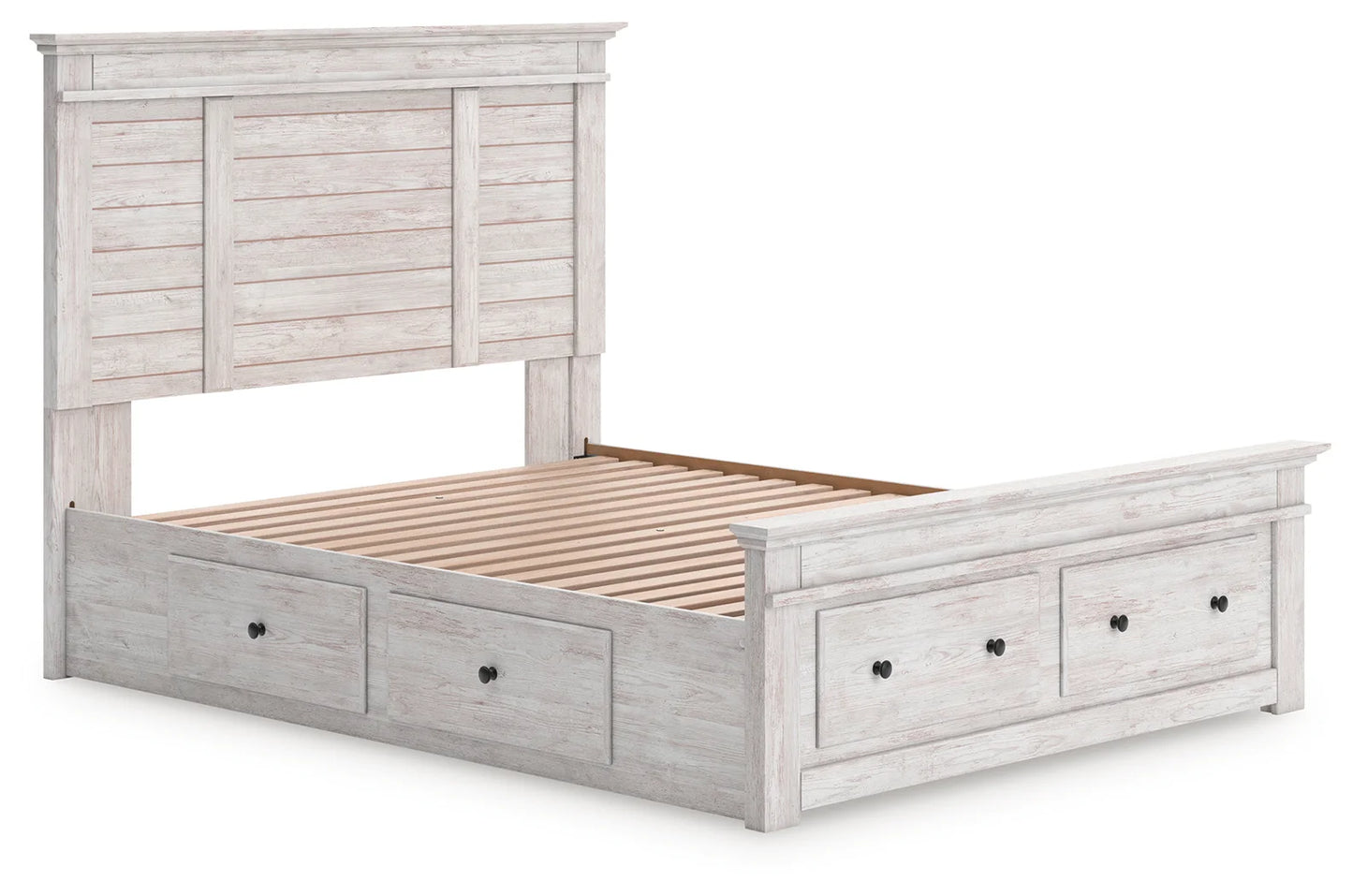 Makidern - Queen Panel Storage Bed With Under Bed Storage Unit And Storage Footboard - Whitewash