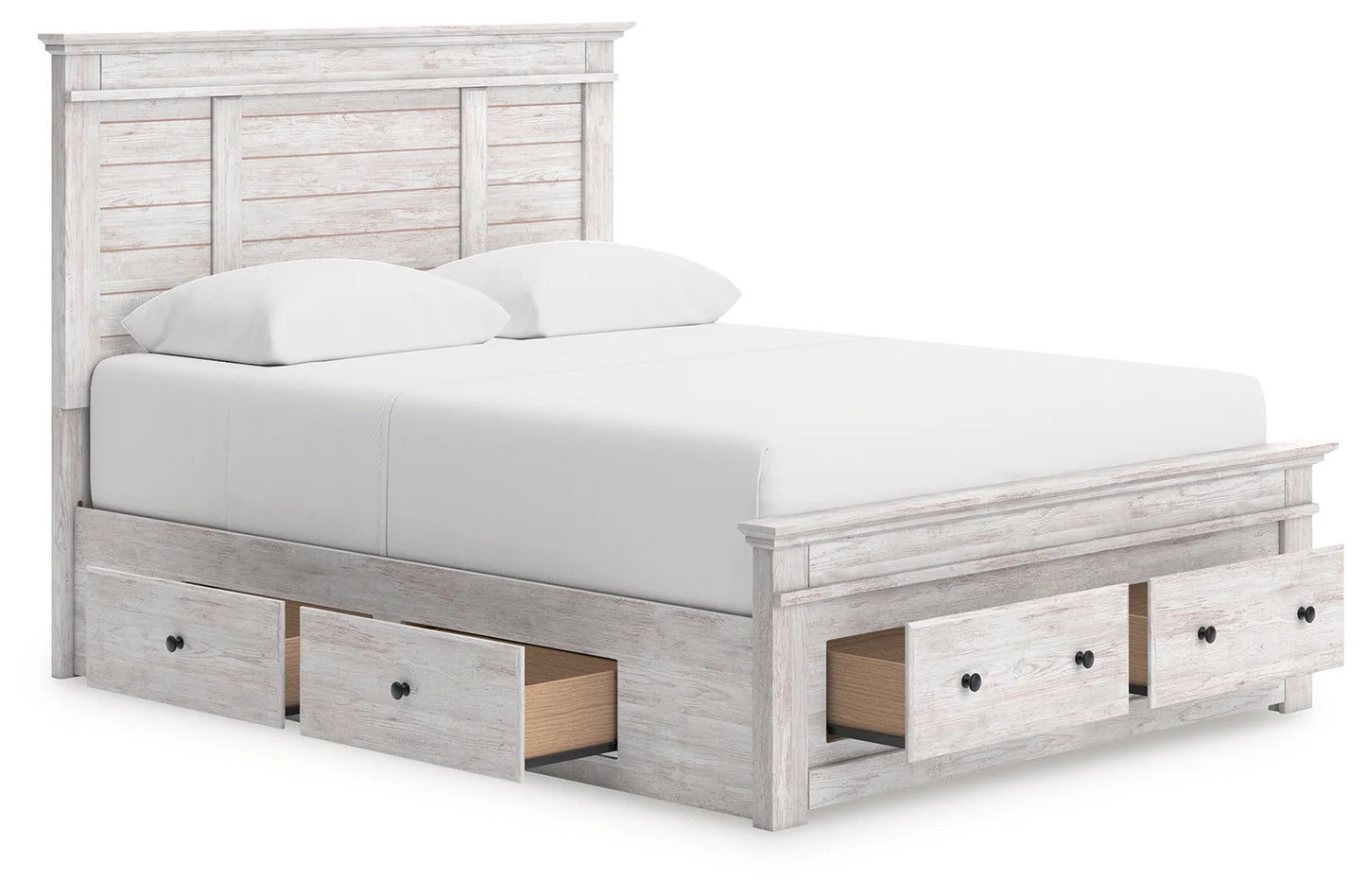 Makidern - Queen Panel Storage Bed With Under Bed Storage Unit And Storage Footboard - Whitewash