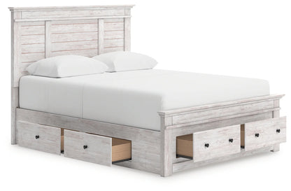 Makidern - Queen Panel Storage Bed With Under Bed Storage Unit And Storage Footboard - Whitewash