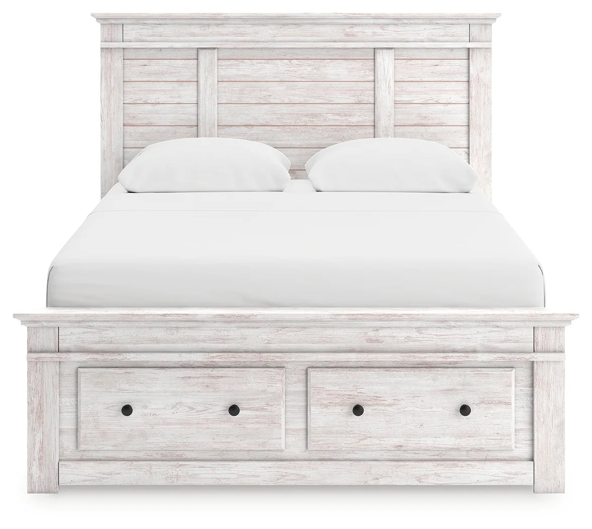 Makidern - Queen Panel Storage Bed With Under Bed Storage Unit And Storage Footboard - Whitewash