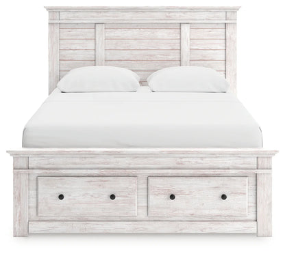 Makidern - Queen Panel Storage Bed With Under Bed Storage Unit And Storage Footboard - Whitewash