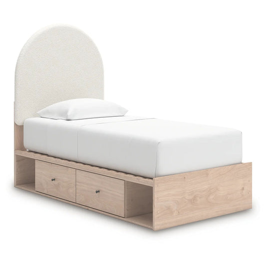 Arloster - Twin Upholstered Panel Bed With Side Storage Unit - Tan / White