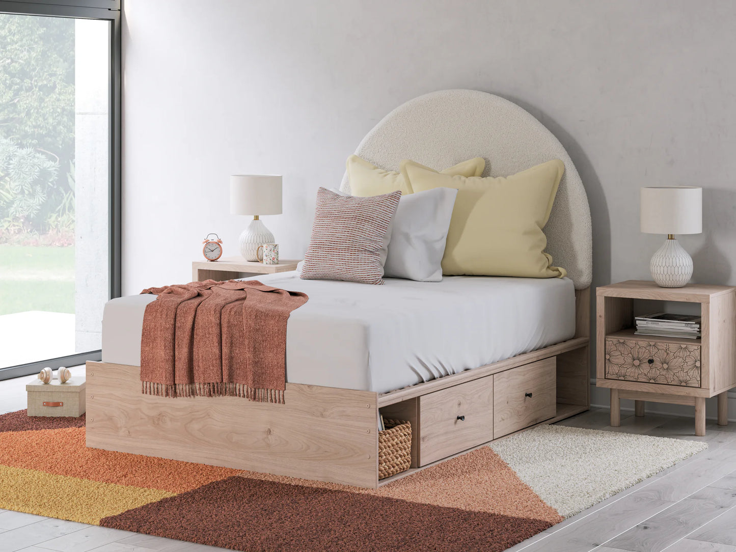 Arloster - Full Upholstered Panel Bed With Side Storage Unit - Tan / White