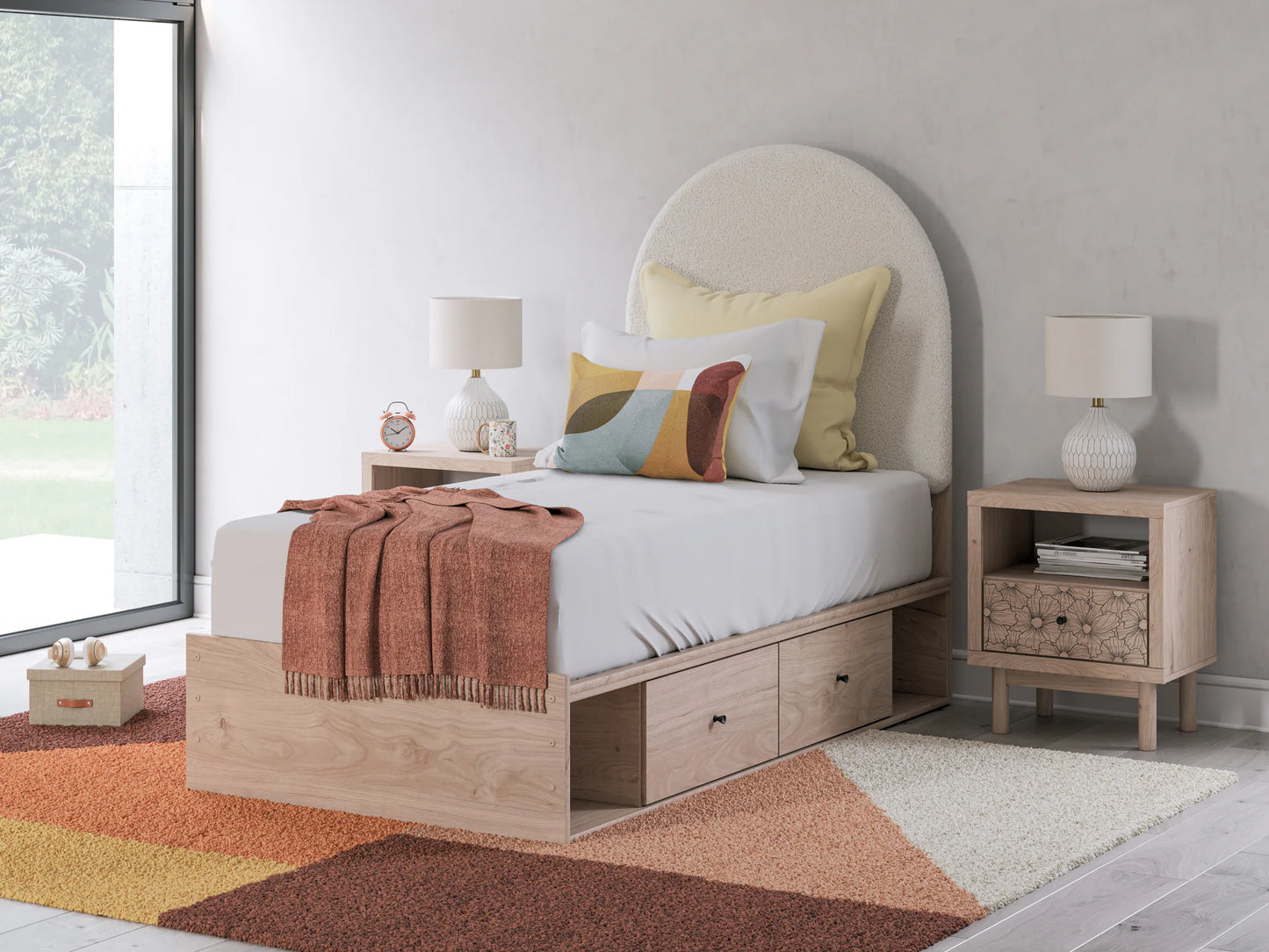 Arloster - Twin Upholstered Panel Bed With 2 Under Bed Storage Units - Tan / White