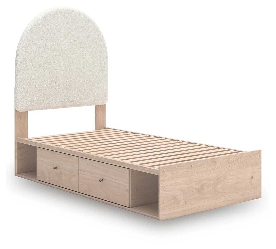 Arloster - Twin Upholstered Panel Bed With 2 Under Bed Storage Units - Tan / White