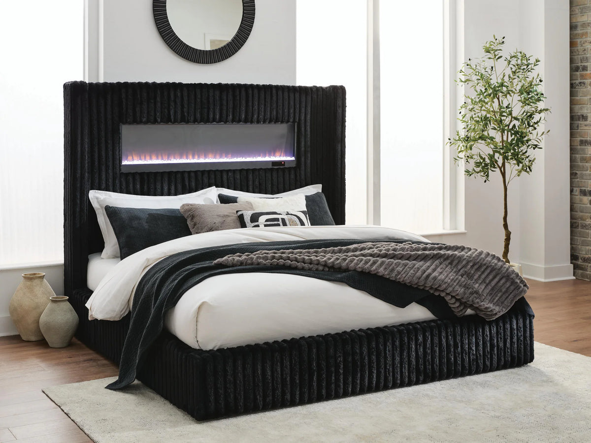 Tayleena - King Upholstered Bed With Fireplace And Wireless Audio - Black