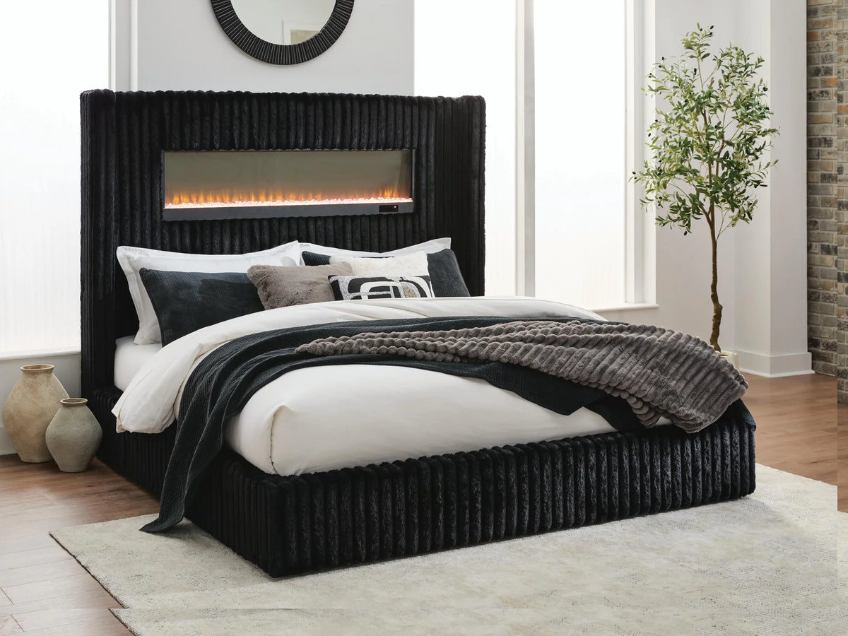 Tayleena - King Upholstered Bed With Fireplace And Wireless Audio - Black