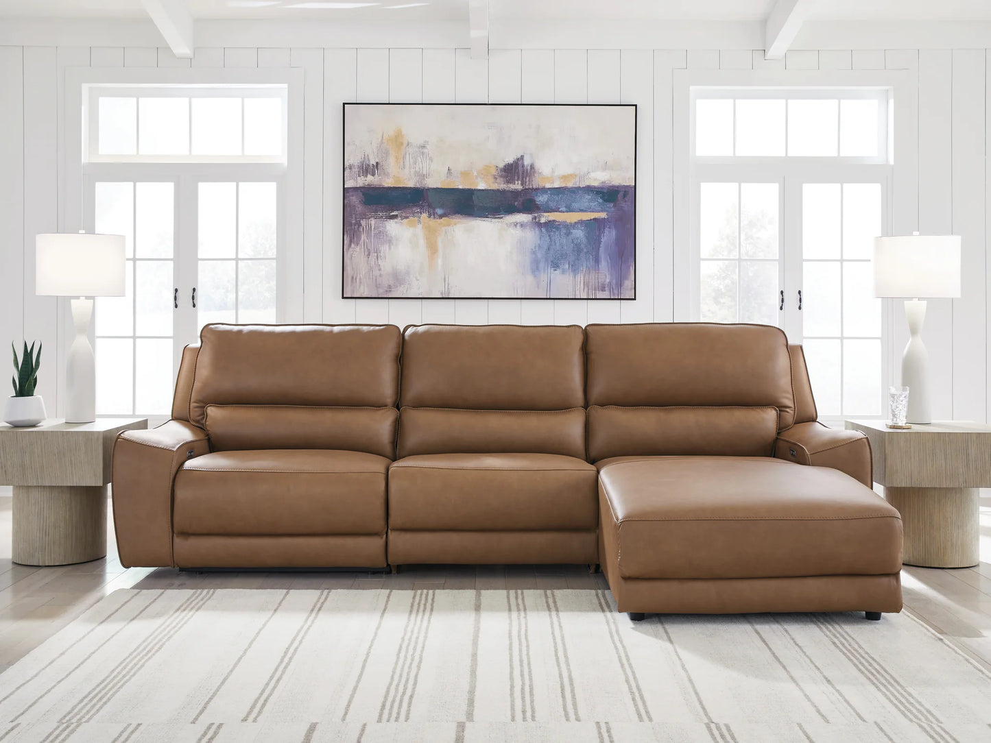 DeepWakes - 3-Piece Power Reclining Sofa With RAF Press Back Power Chaise - Caramel