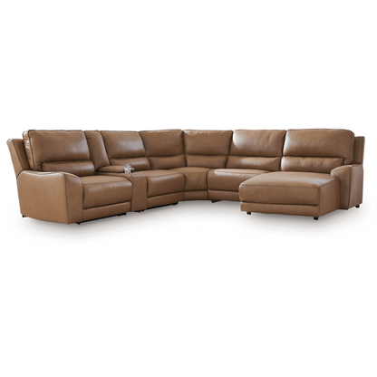 DeepWakes - 6-Piece Power Reclining Sectional With RAF Press Back Power Chaise And Storage Console - Caramel