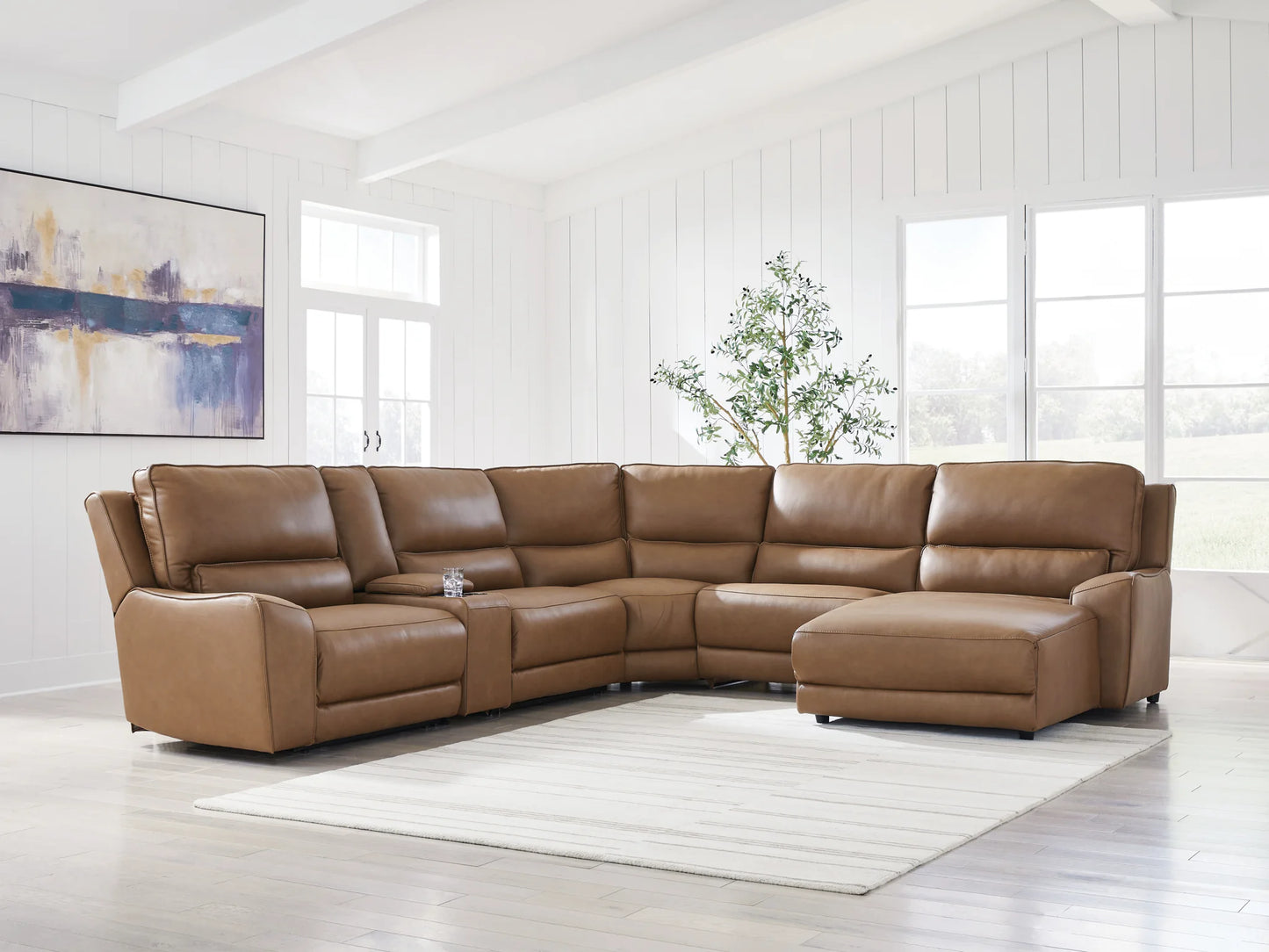 DeepWakes - 6-Piece Power Reclining Sectional With RAF Press Back Power Chaise And Storage Console - Caramel