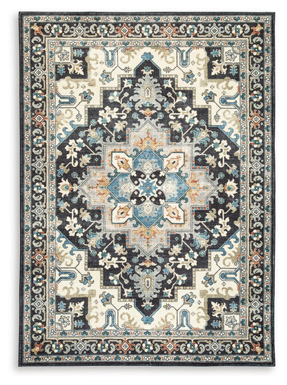 Leningston - Black / Cream / Blue - Washable Large Rug - 8' x 10'