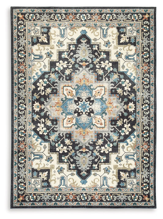 Leningston - Black / Cream / Blue - Washable Medium Rug - 5' x 7'