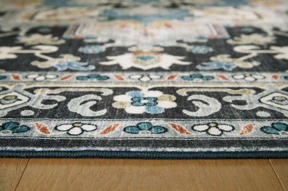 Leningston - Black / Cream / Blue - Washable Medium Rug - 5' x 7'