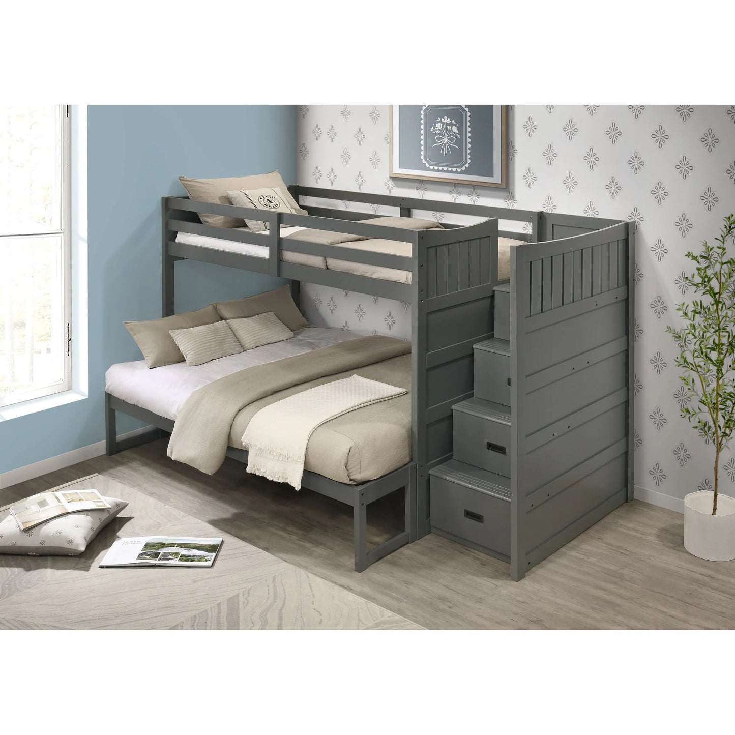 Sami - Twin Over Full Step Bunk With Right Headboard - Gray