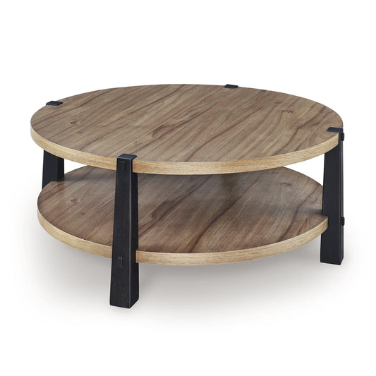 Ridgester - Round Cocktail Table - Light Brown / Black