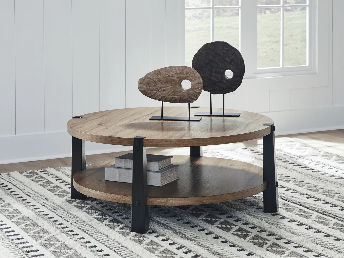 Ridgester - Round Cocktail Table - Light Brown / Black