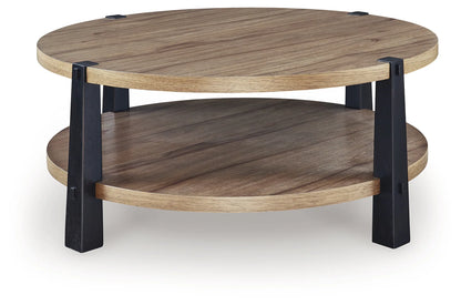 Ridgester - Round Cocktail Table - Light Brown / Black