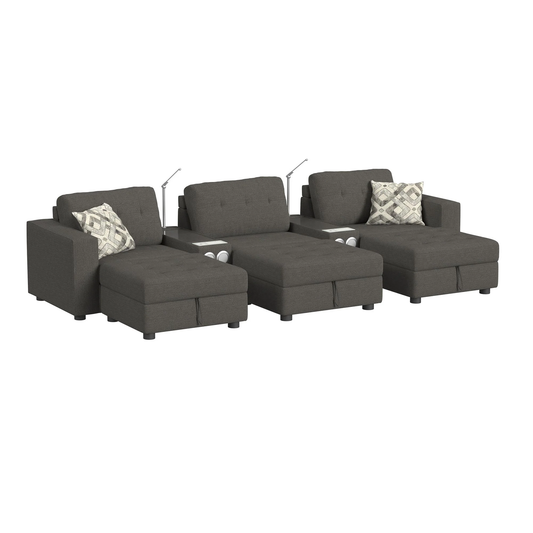Options One - 8 Piece Living Room Set Sectional With Media Console And 3 Ottomans - Ash