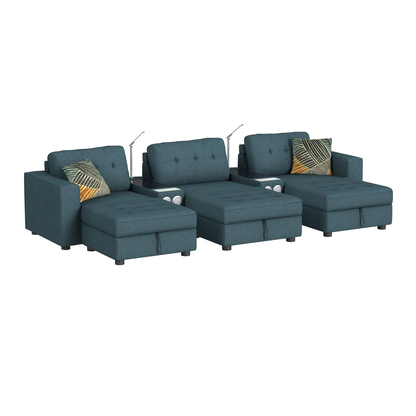 Options One - 8 Piece Living Room Set Sectional With Media Console And 3 Ottomans - Teal