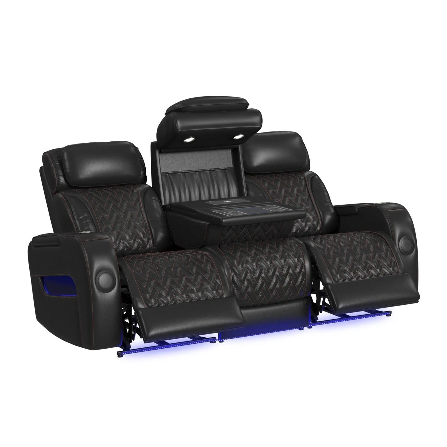 Prime Time - P3 Sofa With I Table, Reading Light, Heat, Massage, LED, And Speaker - Jett Black With Red Stitching