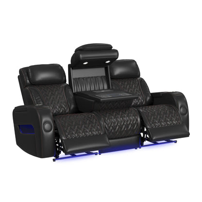Prime Time - P3 Sofa With I Table, Reading Light, Heat, Massage, LED, And Speaker - Jett Black With Red Stitching