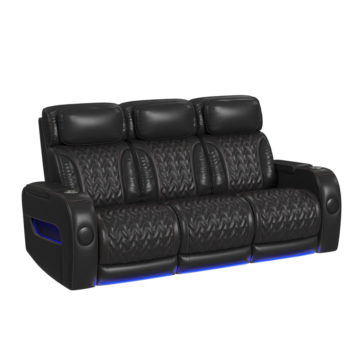 Prime Time - P3 Sofa With I Table, Reading Light, Heat, Massage, LED, And Speaker - Jett Black With Red Stitching