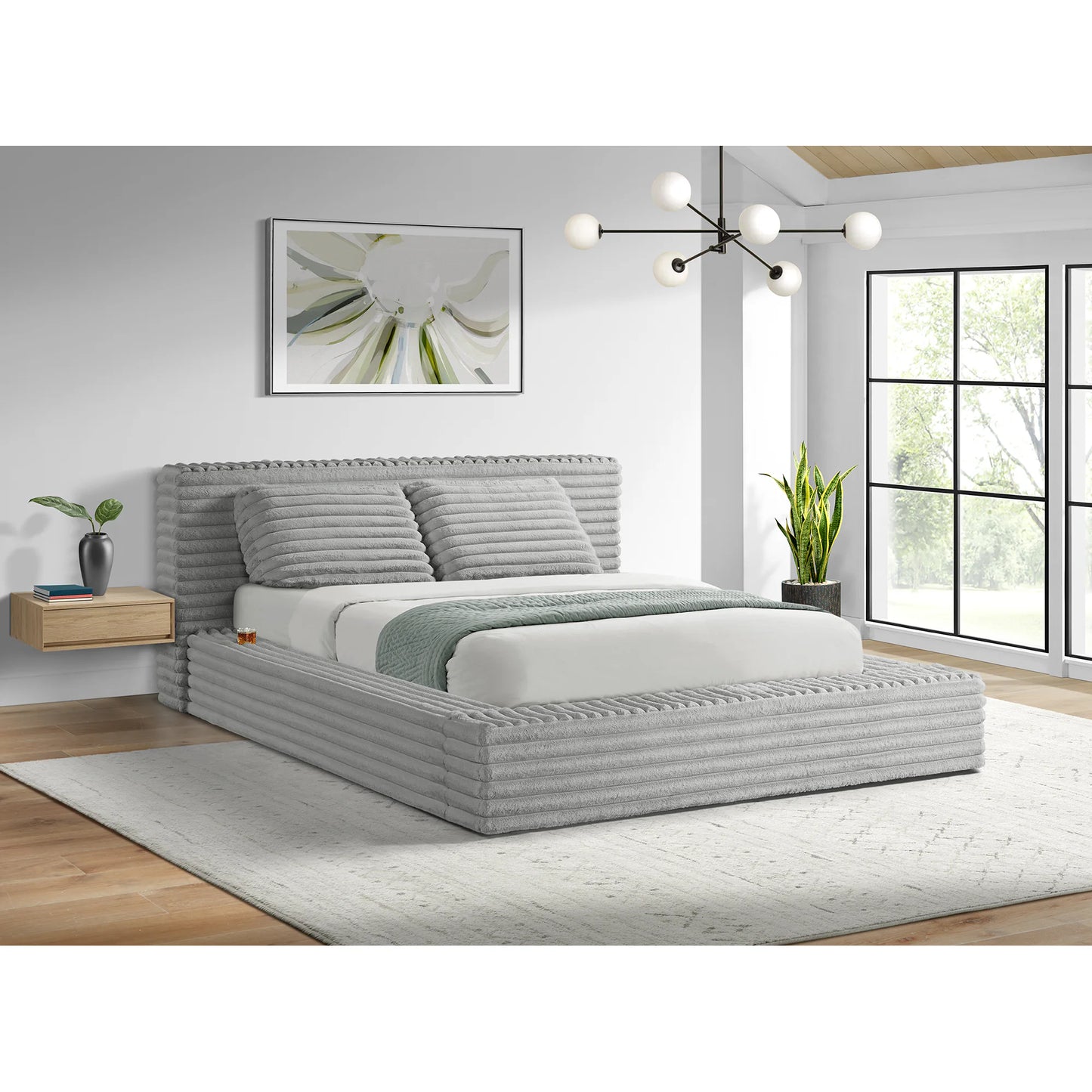 Rosebery - Queen Upholstered Bed With 2 Pillows - Light Gray Corduroy