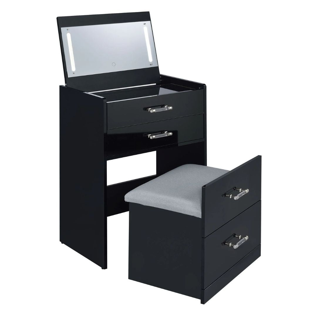 Irvine - Mini Vanity With Stool, LED And USB - Glossy Black