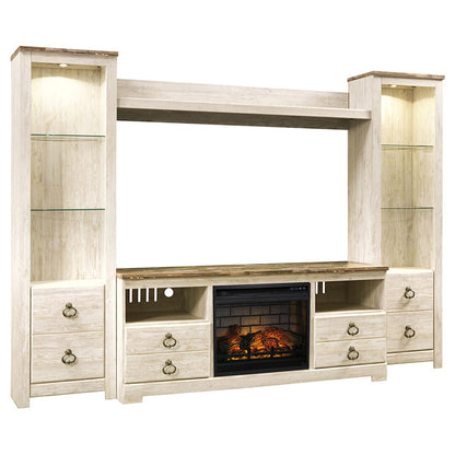 Willowton - Whitewash - Entertainment Center - TV Stand With Faux Firebrick Fireplace Insert