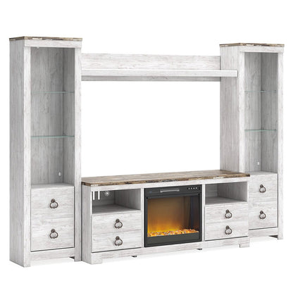 Willowton - Whitewash - 4-Piece Entertainment Center With 64" TV Stand And Glass/Stone Fireplace Insert