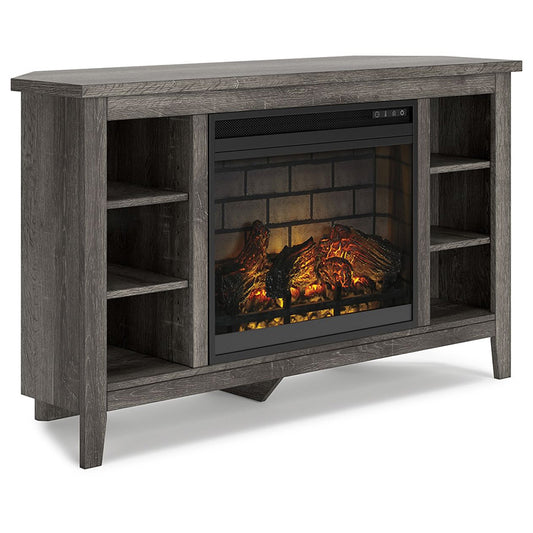 Arlenbry - Gray - Corner TV Stand With Faux Firebrick Fireplace Insert