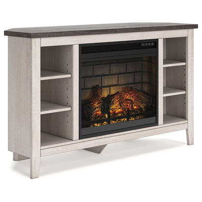 Dorrinson - White / Black / Gray - Corner TV Stand With Faux Firebrick Fireplace Insert