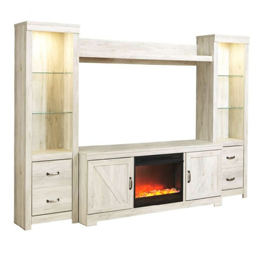 Bellaby - Whitewash - 5 Pc. - Entertainment Center - 63" TV Stand With Fireplace Insert Glass/Stone