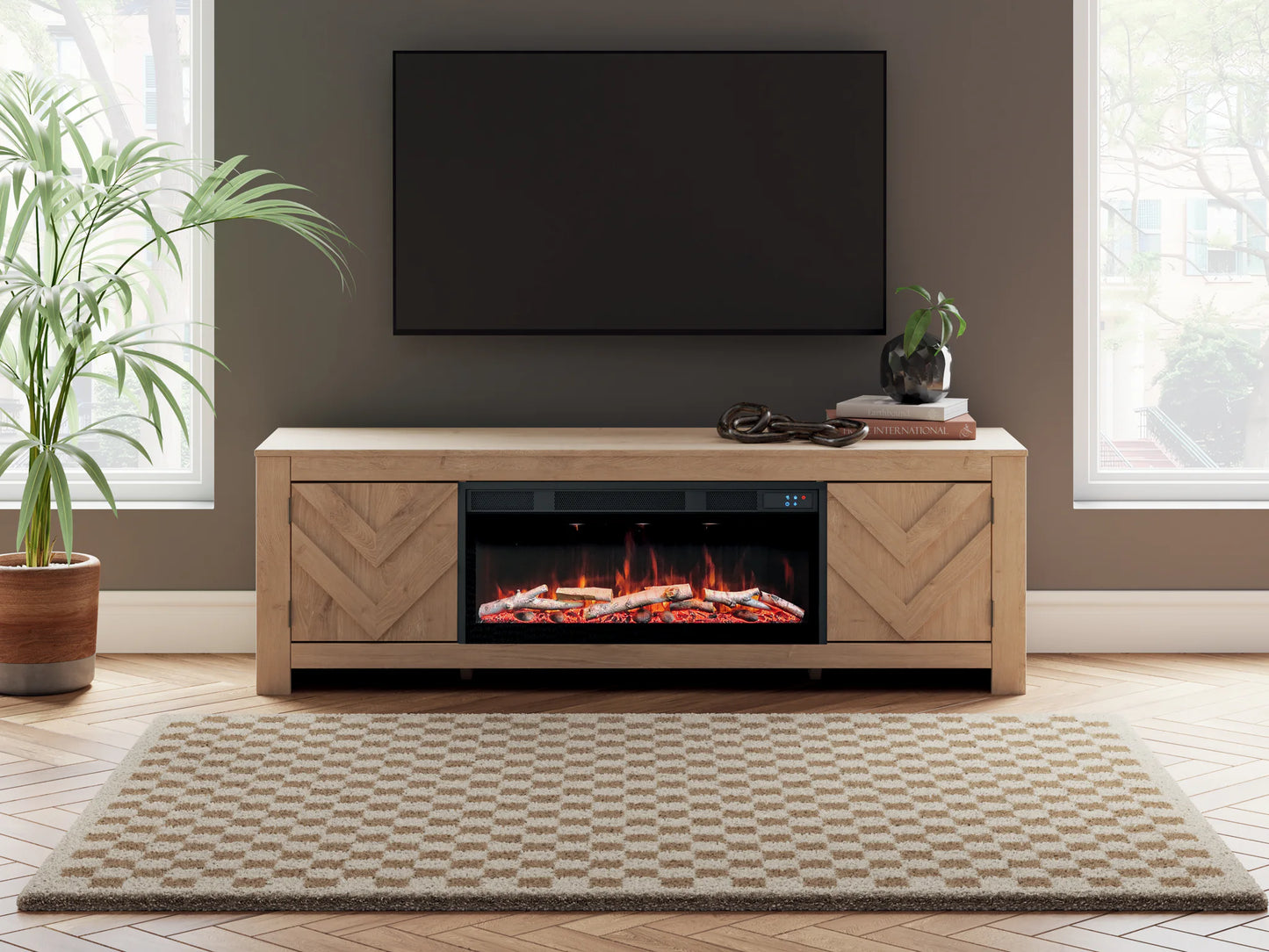 Cayboni - Tan - 71" TV Stand With Electric Fireplace