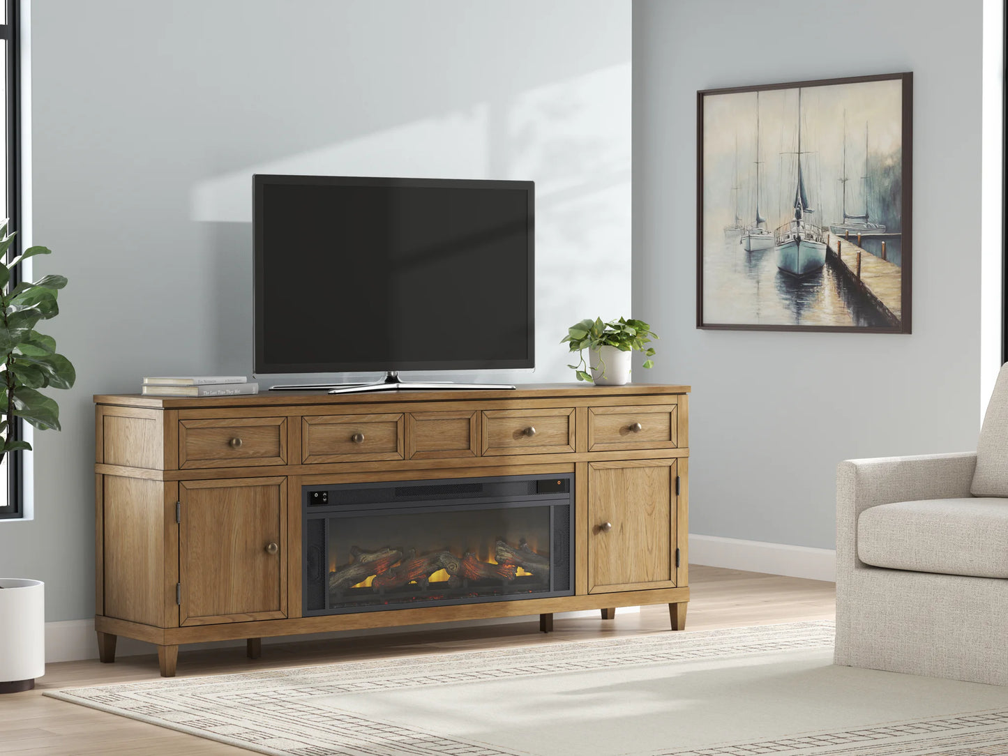 Sharlance - Light Brown - 81" TV Stand With Electric Infrared Fireplace Insert