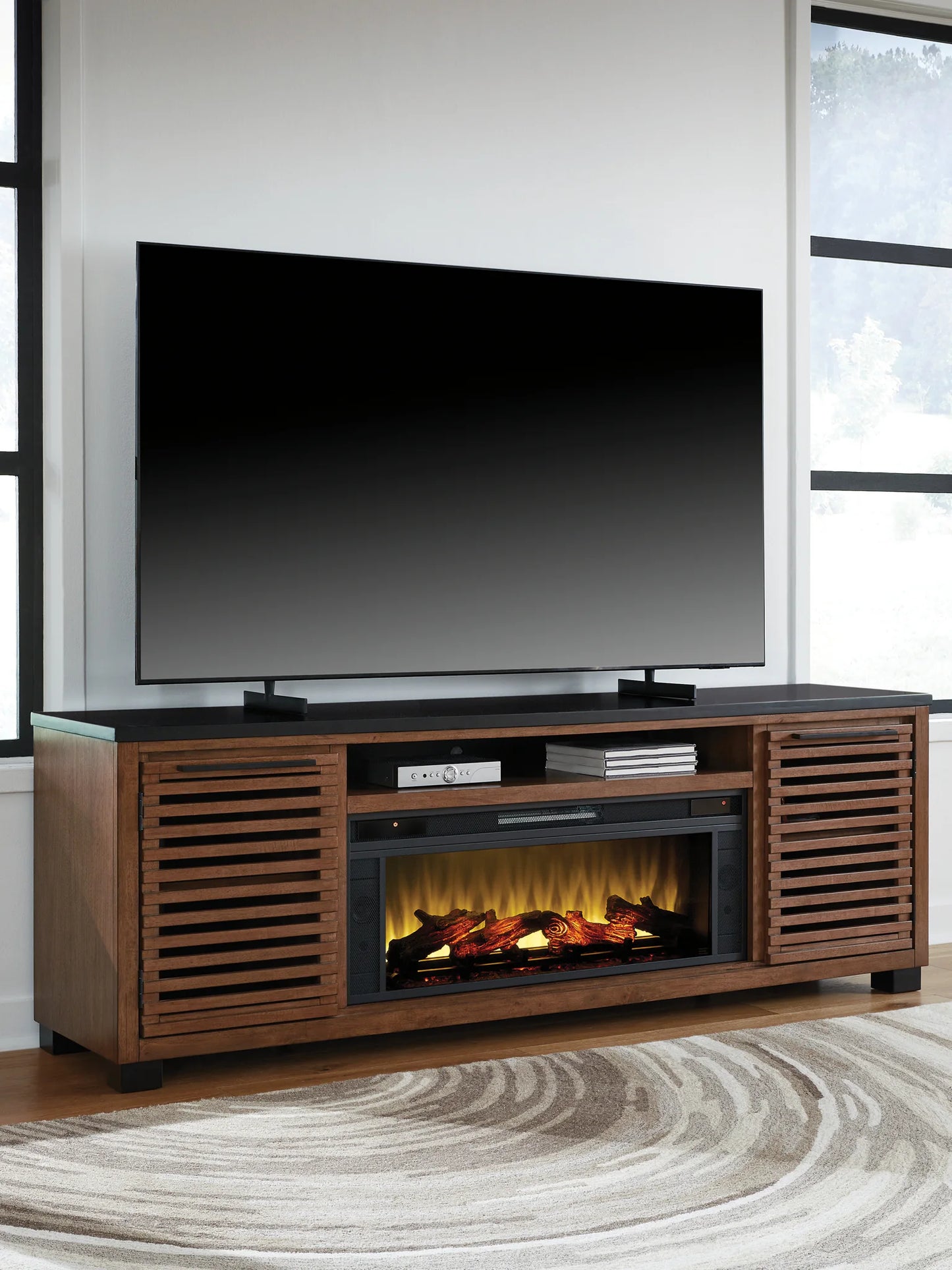 Kallari - Warm Brown / Black - 84" TV Stand With Electric Fireplace