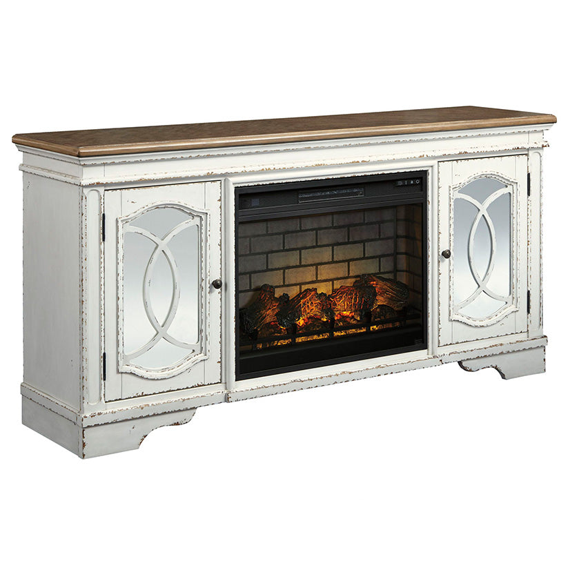 Realyn - Chipped White - 2 Pc. - 74" TV Stand With Electric Infrared Fireplace Insert