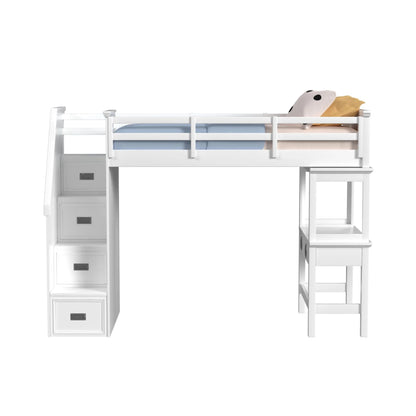 Hampton Kids - Twin Loft With Staircase And Desk With Speaker - White