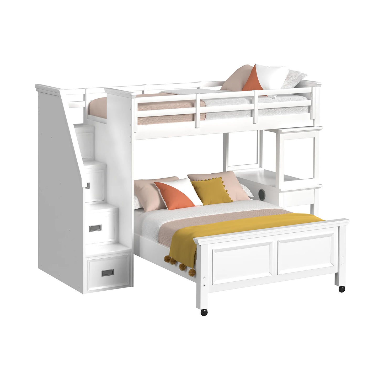 Hampton Kids - Twin Over Full Loft With Staircase And Desk With Speaker - White