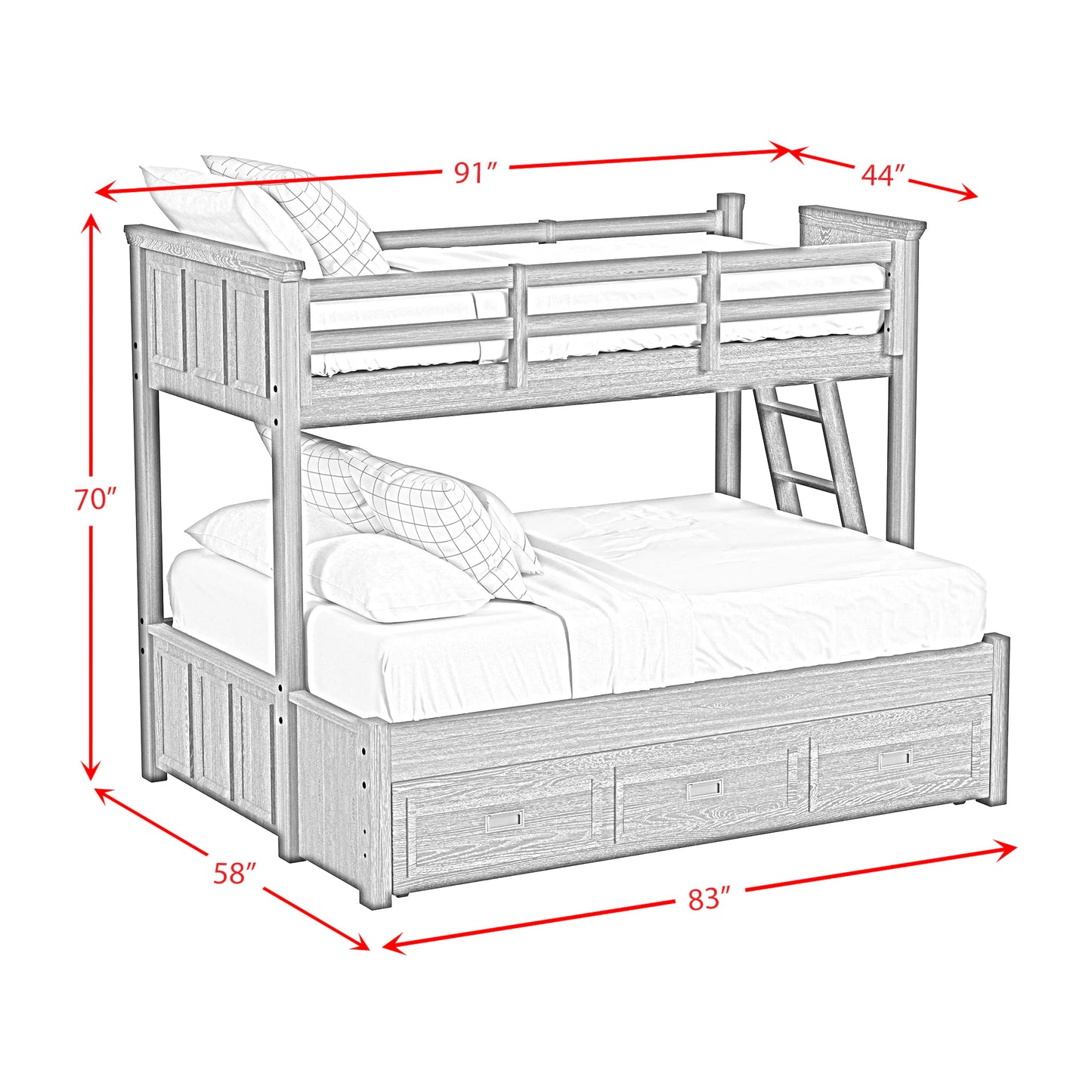 Hampton Kids - Twin Over Full Bunk With Ladder And Trundle - Charcoal
